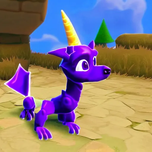 Image similar to screenshot of a cute humanoid dog as an npc in spyro the dragon video game, with playstation 1 graphics, activision blizzard, upscaled to high resolution