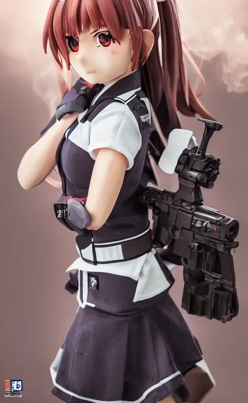 Image similar to toy photo, school uniform, portrait of the action figure of a girl, anime character anatomy, girls frontline universe, collection product, dirt and smoke background, flight squadron insignia, realistic military gear, 70mm lens, round elements, photo taken by professional photographer, trending on instagram, symbology, 4k resolution, low saturation, realistic sks carbine, realistic military carrier
