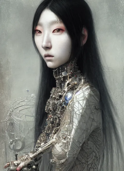 Image similar to portrait of a sensual cybernetic korean goth girl, inagi, modern fine art, fractal, intricate ornaments, elegant, highly detailed, digital photography, subsurface scattering, by jheronimus bosch and greg rutkowski,