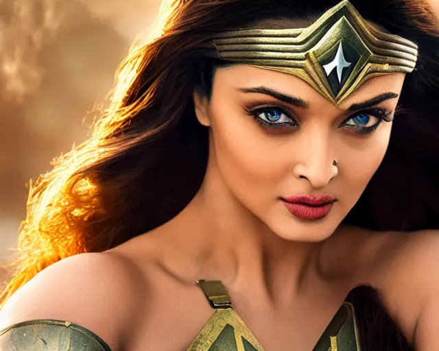 Image similar to a photo of aishwarya rai as a wonder woman, hyper realistic face, beautiful eyes, cinematic, long shot, hyper detailed, 8 5 mm photograph, 8 k resolution, film still, sharp lens, wide lens