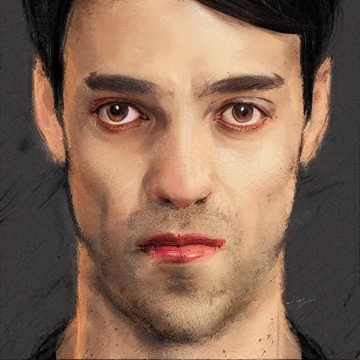 Prompt: Portrait of a man by Greg Rutkowski, he is about 30 years old, short black hair with bangs, his features are a mix between French, Turkish and Russian and he is wearing a beige and black utility jumpsuit, highly detailed portrait, digital painting, artstation, concept art, smooth, sharp foccus ilustration, Artstation HQ.