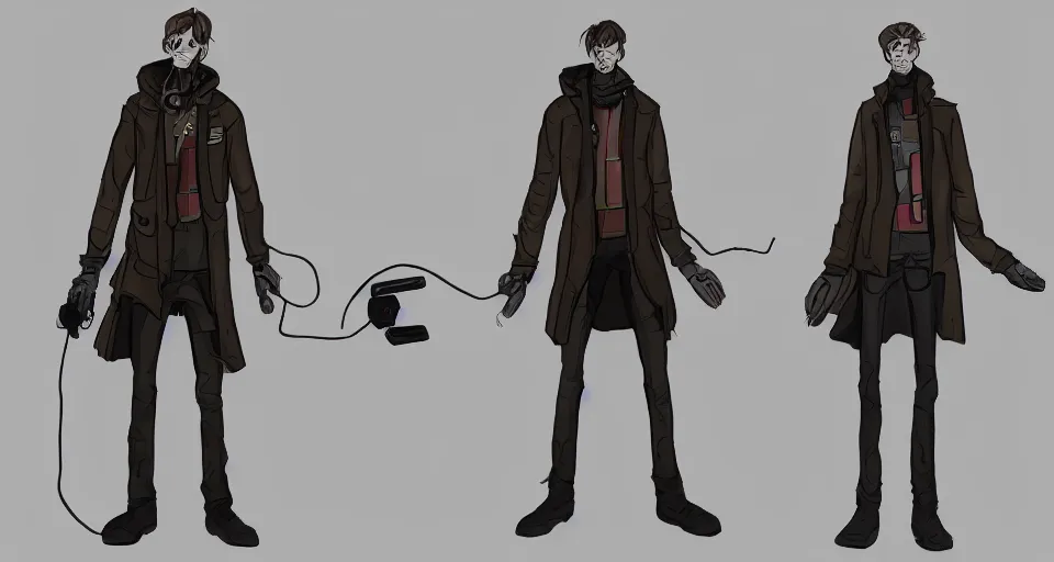 Image similar to concept art of a lean and lanky man that has a radio for a head and wears a cyberpunk coat, concept art, turnaround world building, character design