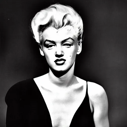 Image similar to a person who is a genetic combination of elvis presley and marilyn monroe, face and upper - body focus, detailed eyes, androgynous, photograph taken in 1 9 5 5, award winning photograph