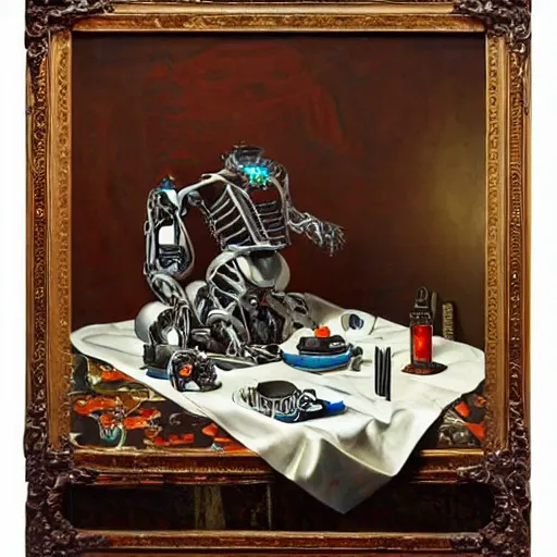 Prompt: still life of cyborg body parts, on a table with an ornate patterned tablecloth, beautiful painting by lucien levy - dhurmer, moody lighting