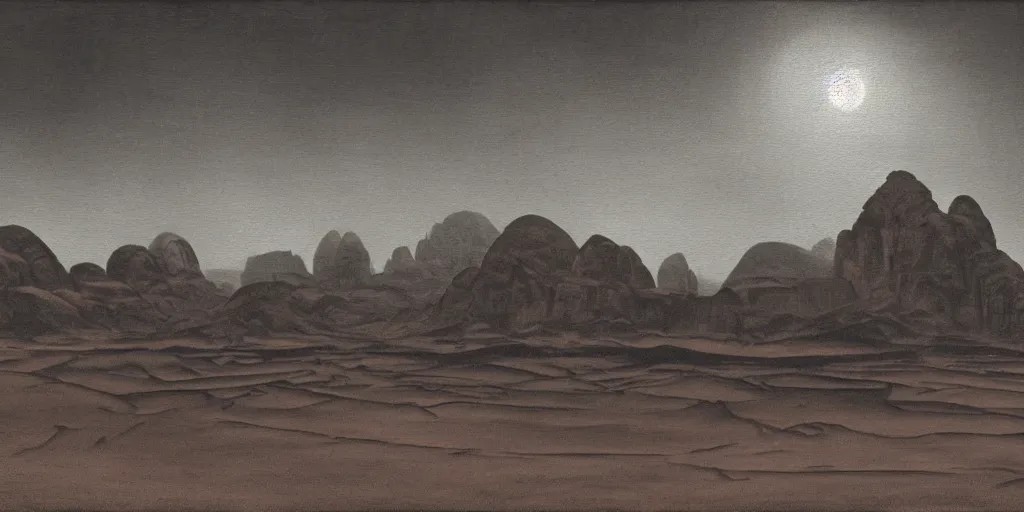 Image similar to a realistic rooftop sepia - toned painting of wadi rum at night, dark, brooding, atmospheric, lovecraft