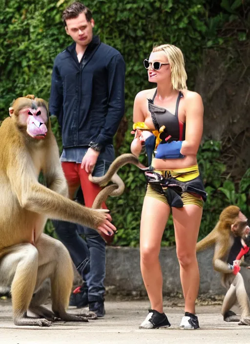 Image similar to margot robbie doing karting versus a monkey