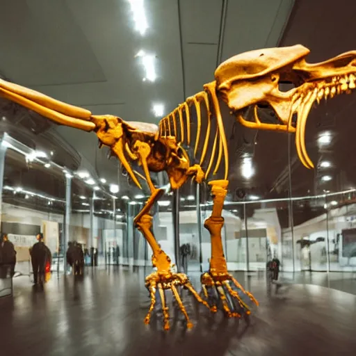 Image similar to the skeleton of a dachshund tyrannosaurus rex in a museum. Tourists are looking