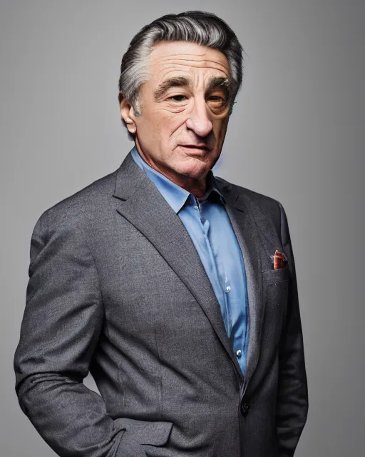 Image similar to Fully-clothed full-body portrait of Robert Deniro as business man, XF IQ4, 50mm, F1.4, studio lighting, professional, 8K