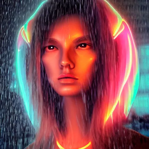 Image similar to angel spirit guide, cartoon portrait made out of rain, realistic, highly detailed, neon, rendered in octane, unreal engine, beautiful, trending on artstation,