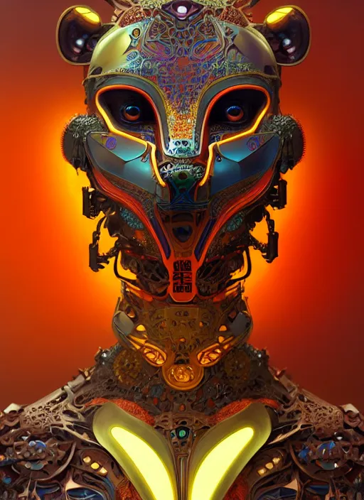 Image similar to organic cyborg, asian bright coloured bear mask opening, diffuse lighting, fantasy, intricate, elegant, highly detailed, lifelike, photorealistic, digital painting, artstation, illustration, concept art, smooth, sharp focus, art by John Collier and Albert Aublet and Krenz Cushart and Artem Demura and Alphonse Mucha