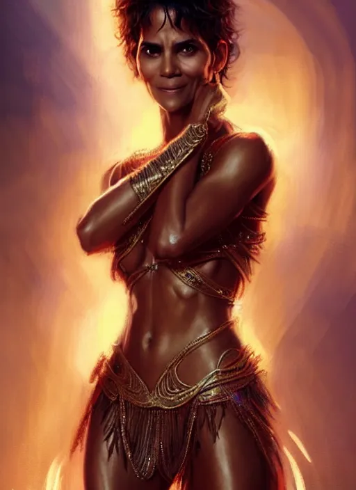 Image similar to halle berry in dejah thoris outfit, intricate, elegant, glowing lights, highly detailed, digital painting, artstation, glamor pose, concept art, smooth, sharp focus, illustration, art by artgerm and greg rutkowski, artey freytag