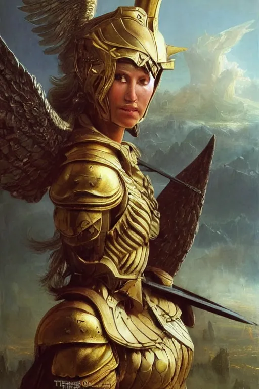 Image similar to a beautiful valkyrie , half body portrait, blond hair, heavy gold armour, realistic oil painting by Thomas Cole and Wayne Barlowe and Boris Valejo