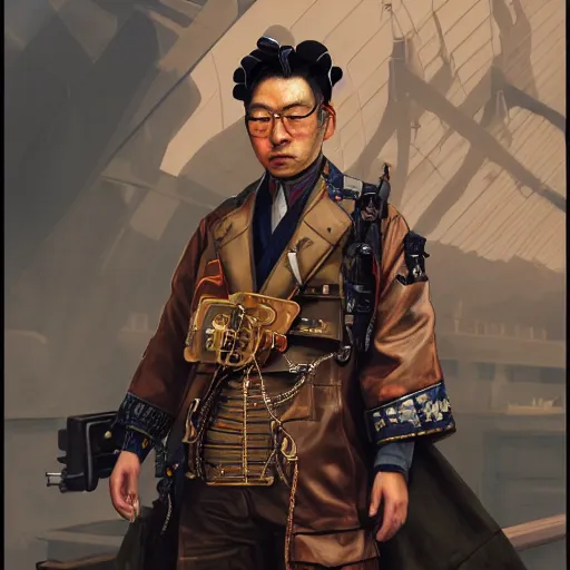 Image similar to Portrait of a japanese man wearing a steampunk engineer outfit in a grand theft auto 5 loading screen , art by Albert Bierstadt and James Gurney, highly detailed, digital painting, matte painting, concept art, illustration, oppressive lighting, trending on artstation, very detailed