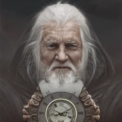 Image similar to Portrait of an elderly wizard wearing a cloak with clock iconography, detailed face, fantasy, highly detailed, cinematic lighting, digital art painting by greg rutkowski