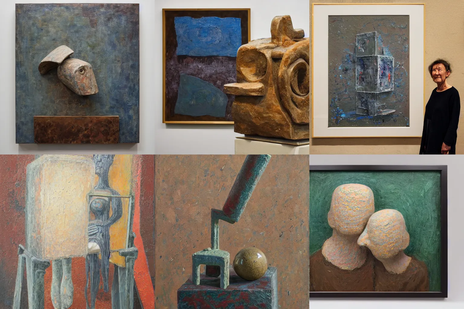 Prompt: a detailed, impasto painting by shaun tan and louise bourgeois of an abstract forgotten sculpture by ivan seal and the caretaker, on a stand