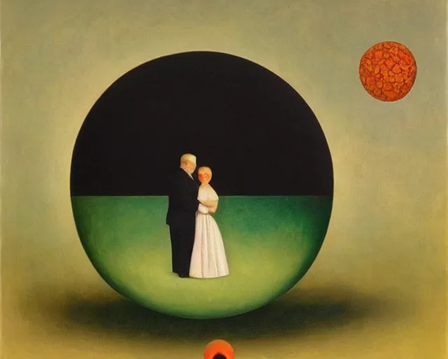 Image similar to a painting of two people in a large ball, a surrealist painting by Grant Wood, pinterest, pop surrealism, henry moore, surrealist, pre-raphaelite