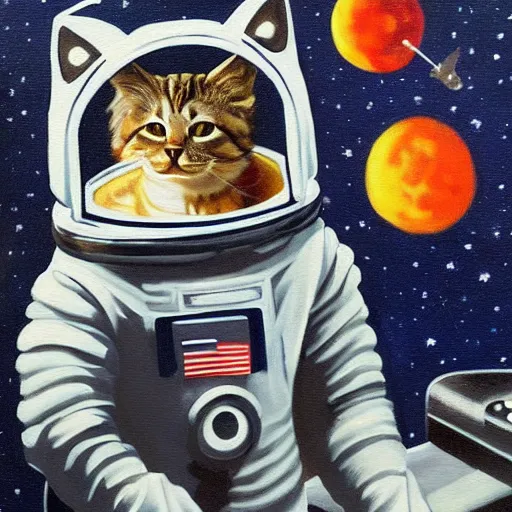 Prompt: a cat astronaut in front of a space station, oil painting