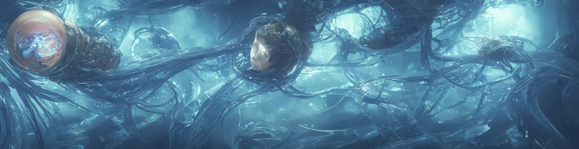 Image similar to Panorama hyper detailed painting of a cyberpunk jellyfish, blue tones, underwater, 8 mm, highly detailed, digital painting, artstation, concept art, smooth, sharp focus, illustration, art by artgerm and greg rutkowski and alphonse mucha