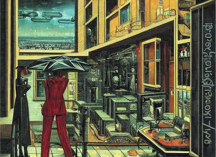 Prompt: melancholy rainy night at a cyberpunk cafe in an infinity cyberpunk city by giorgio de chirico