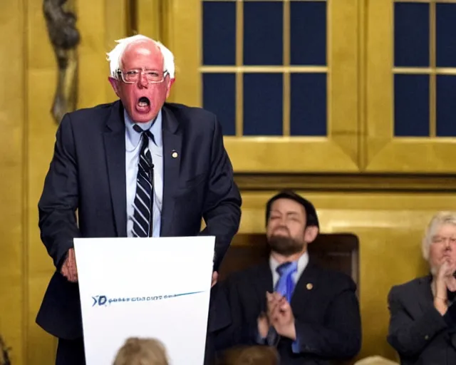 Prompt: Super Saiyan Bernie Sanders screams during philibuster speech in the Senate Chamber (AP Photo/)