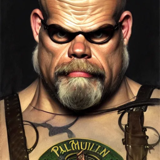 Image similar to full portrait of paul teutul as colonel wednesday bologna, fantasy, d & d, intricate, detailed, by by alphonse mucha, adolfo hohenstein, alice russell glenny, stanley artgerm lau, greg rutkowski, detailed, trending on artstation, trending on artstation, smooth