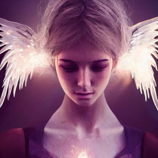 Image similar to portrait art of female angel by alessio albi 8 k ultra realistic, angel wings, lens flare, atmosphere, glow, detailed, intricate, full of colour, cinematic lighting, trending on artstation, 4 k, hyperrealistic, focused, extreme details, unreal engine 5, cinematic, masterpiece