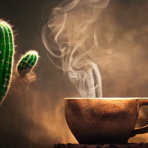 Image similar to spartan drinking tea with trichocereus background and smoke haze, photo in the style of the celestine prophecy