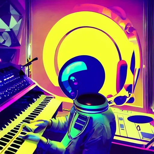 Image similar to an astronaut, using a synthesizer in a music studio, [ floating ]!!, synthwave art style, trending on cgsociety, golden ratio!!!, centered!!!