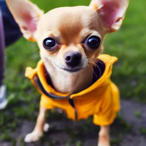 Image similar to a honey colored chihuahua puppy Showing off her streetwear , Oil pain