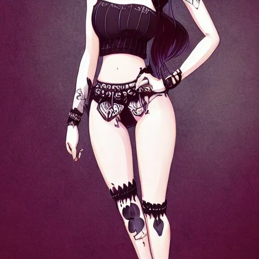 Prompt: kerli koiv animel goth girl in mini skirt and crop top intricate, extremely detailed, artstation, 8 k, sensual lighting, incredible art, l