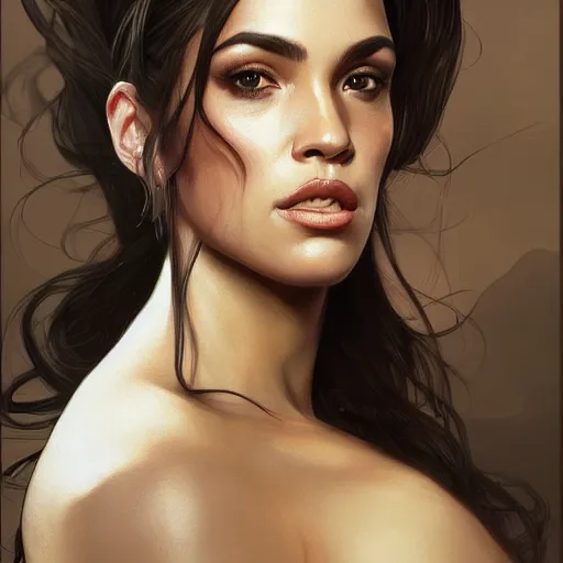 Image similar to portrait of a beautiful thick female, alexandria ocasio-cortez face, D&D, fantasy, intricate, elegant, highly detailed, digital painting, artstation, concept art, smooth, sharp focus, illustration, art by artgerm and greg rutkowski and alphonse mucha