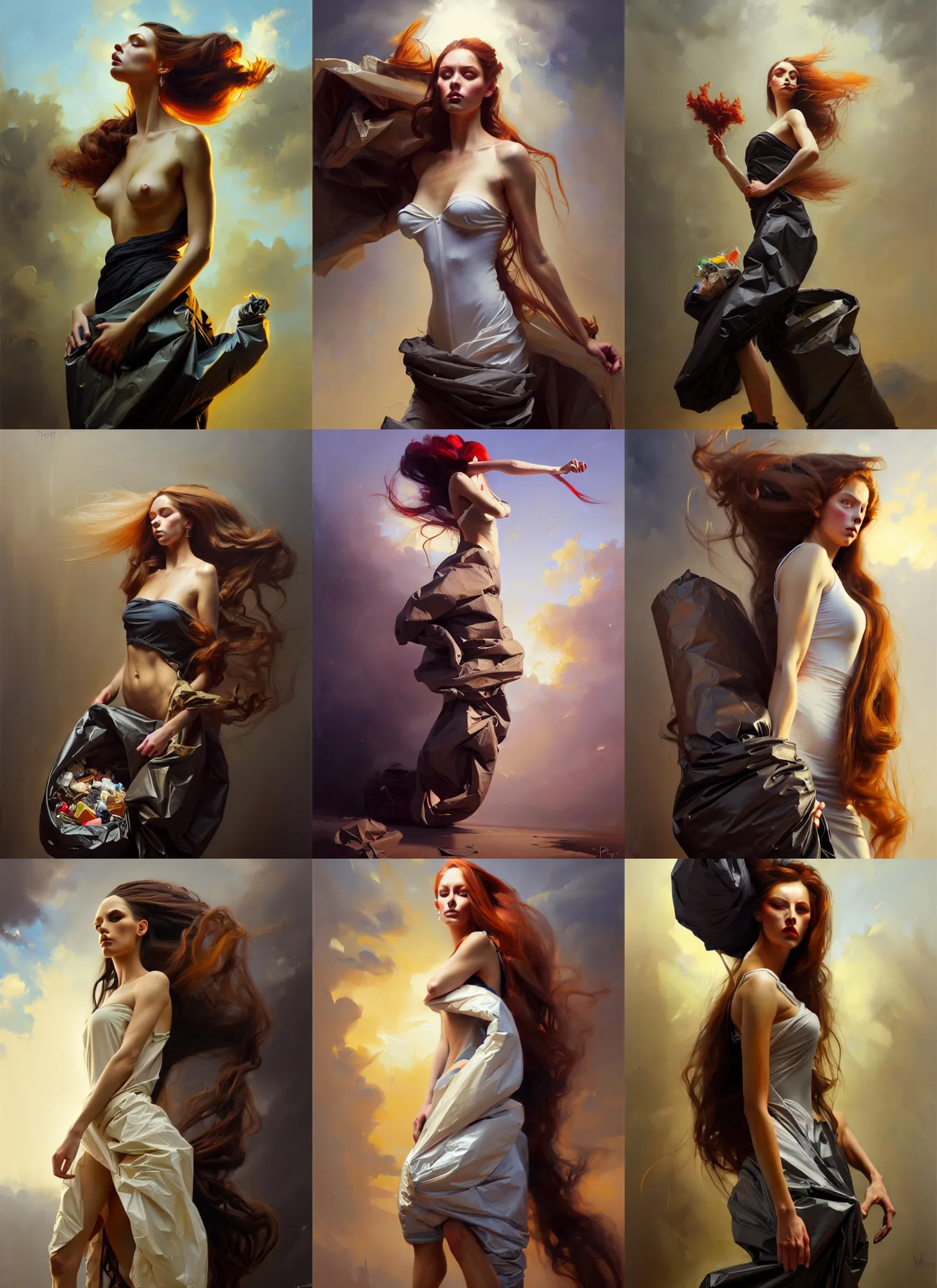 Image similar to fine art portrait oil painting of a beautiful woman with long hair wearing a garbage bag for clothes, perspective, ultra detailed, elegant, intricate, dynamic lighting, hyperrealism, sharp focus, art by peter mohrbacher and greg manchess and andrei riabovitchev