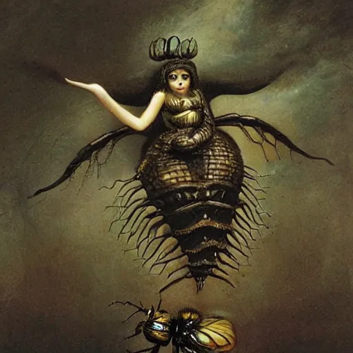 Prompt: a miniature beautiful woman sitting on a gigantic bee, flying, romantic, h. r. giger