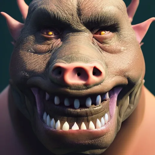 Image similar to An orc-pig smiling into the camera, portrait, artstation, realistic, highly detailed, bokeh, by Alex Flores