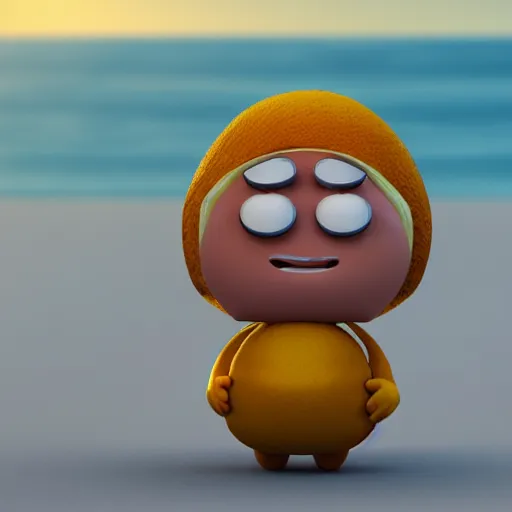 Prompt: 3 d render, chibi lemon character with an angry look on his face, he is wearing a hat, relaxing on the beach at sunset