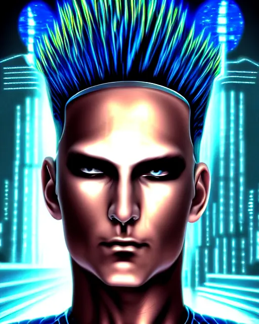 Image similar to cyberpunk man with mohawk portrait, detailed face and eyes, cyberpunk city background, cosmic, anne stokes