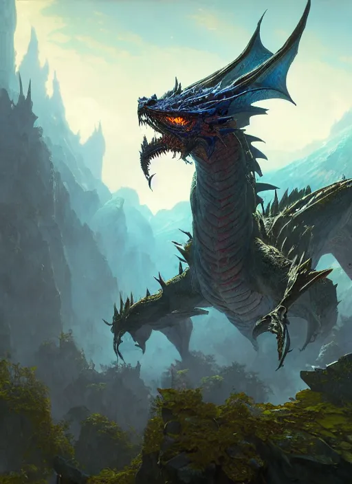 Image similar to highly detailed portrait of elder dragon from the game'guild wars 2 ', stephen bliss, unreal engine, greg rutkowski, loish, rhads, ferdinand knab, makoto shinkai and lois van baarle, ilya kuvshinov, rossdraws, tom bagshaw, alphonse mucha, global illumination, radiant light, detailed and intricate environment