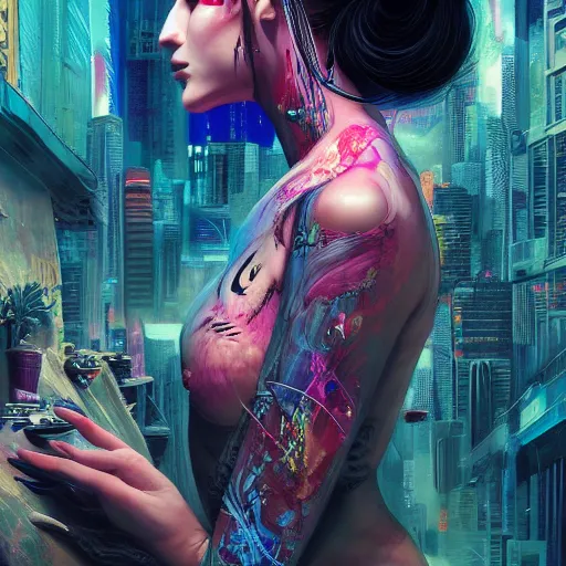 Prompt: cyberpunk geisha, in a lotus position, meditating, 8 k, by tristan eaton, stanley artgermm, tom bagshaw, greg rutkowski, carne griffiths, ayami kojima, beksinski, giger, trending on deviantart, hyper detailed, cybernetic, full of colour, brain