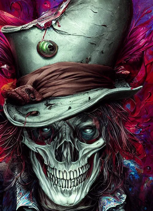 Image similar to mad hatter, call of cthulhu, half skull half face, highly detailed, cinematic, 8 k, by megan duncanson, benjamin lacombe, adrian borda, stanley artgermm, tom bagshaw, craig mullins, carne griffiths, ayami kojima, beksinski, giger, trending on deviantart, hyper detailed, horror, full of colour