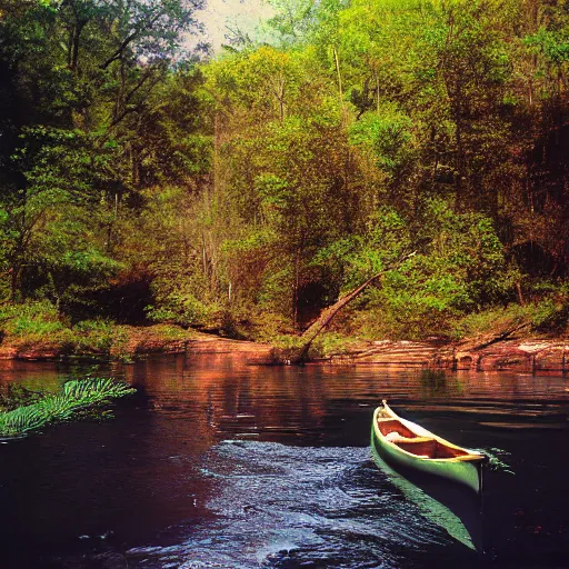 Image similar to cahaba river alabama, canoe in foreground, kodak ektachrome e 1 0 0,