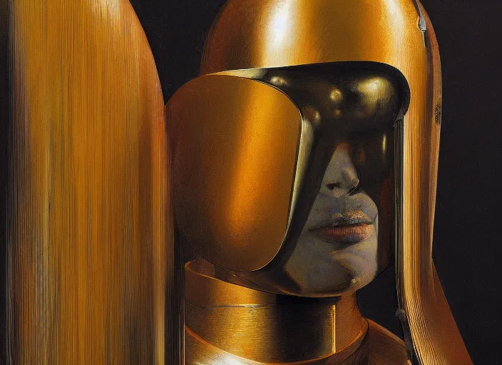 Image similar to a portrait headshot of sci fi metallic human, bright eyes, melancholic complex geometric figure liminal machinery by oskar schlemmer, moebius, john berkey, oil on canvas, portrait facial head, featured on artstation, hd wallpaper