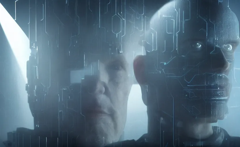 Image similar to extremely detailed cinematic movie still 3 0 7 7 foggy portrait shot of a cyber human android 5 5 years old white man hyperreal skin face in the data centre by denis villeneuve, wayne barlowe, simon birch, marc simonetti, philippe druillet, beeple, bright volumetric sunlight from small windows, rich moody colors, closeup, bokeh, noir