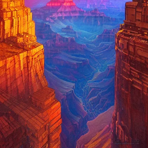 Prompt: the Grand Canyon filled with glowing futuristic cyberpunk skyscrapers at night with a starry sky, fantasy, neon lights, james gurney, katsuhiro otomo, james paick, cinematic lighting, artstation, vibrant nature, anime style, Craig Mullins, Greg Rutkowski, Pete Morbacher, Tuomas Korpi, tekkon kinreet, volumetric light, artstation, octane render, redshift render, hyperrealism, photorealistic concept art, highly detailed