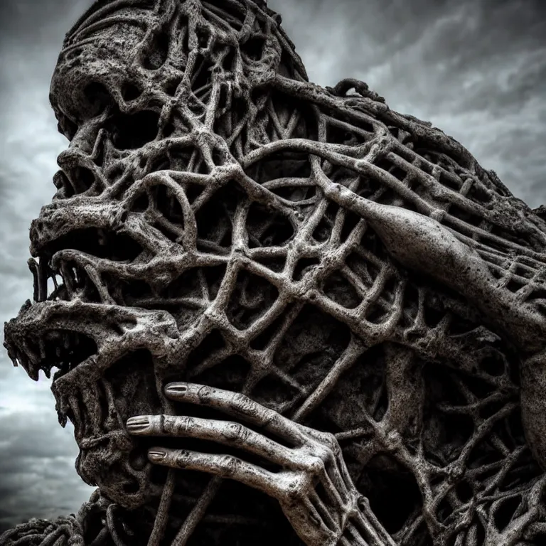 Image similar to closeup portrait of surreal mysterious abandoned ribbed broken old statue designed by Giger in the foreground, in wastelands on exoplanet at night, dark clouds, dark washed tint black, dream-like heavy atmosphere, dark baroque painting, beautiful detailed intricate insanely detailed octane render trending on Artstation, 8K artistic photography, photorealistic, dramatic cinematic perfect light, harsh flash photography, chiaroscuro, award-winning photograph, masterpiece, Raphael, Caravaggio, Beksinski, Giger