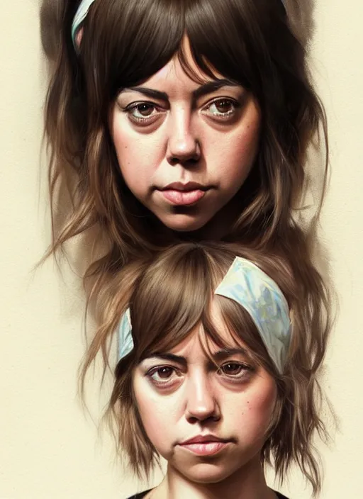 Image similar to portrait of young aubrey plaza with bangs, hippie, long hair, groovy hairband, bangs, intricate, smooth, groovy lighting, highly detailed, digital painting, artstation, concept art, smooth, sharp focus, illustration, art by wlop, mars ravelo and greg rutkowski