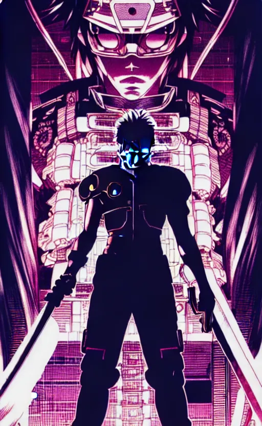 Image similar to an intricate detailed main cover of the manga, a strong male anime hero with two magical swords, in neo tokyo cyberpunk city with spirit sight, by Katsuhiro Otomo + Sui Ishida, in the anime Ghost In the Shell, trending on artstation + clean lines + lineart +clean edges