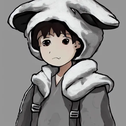 Image similar to little boy wearing sheep suit. white, gray, blue, green and brown pallet color. made in abyss art style, inspired in chris from deltarrune, cute detailed artwork