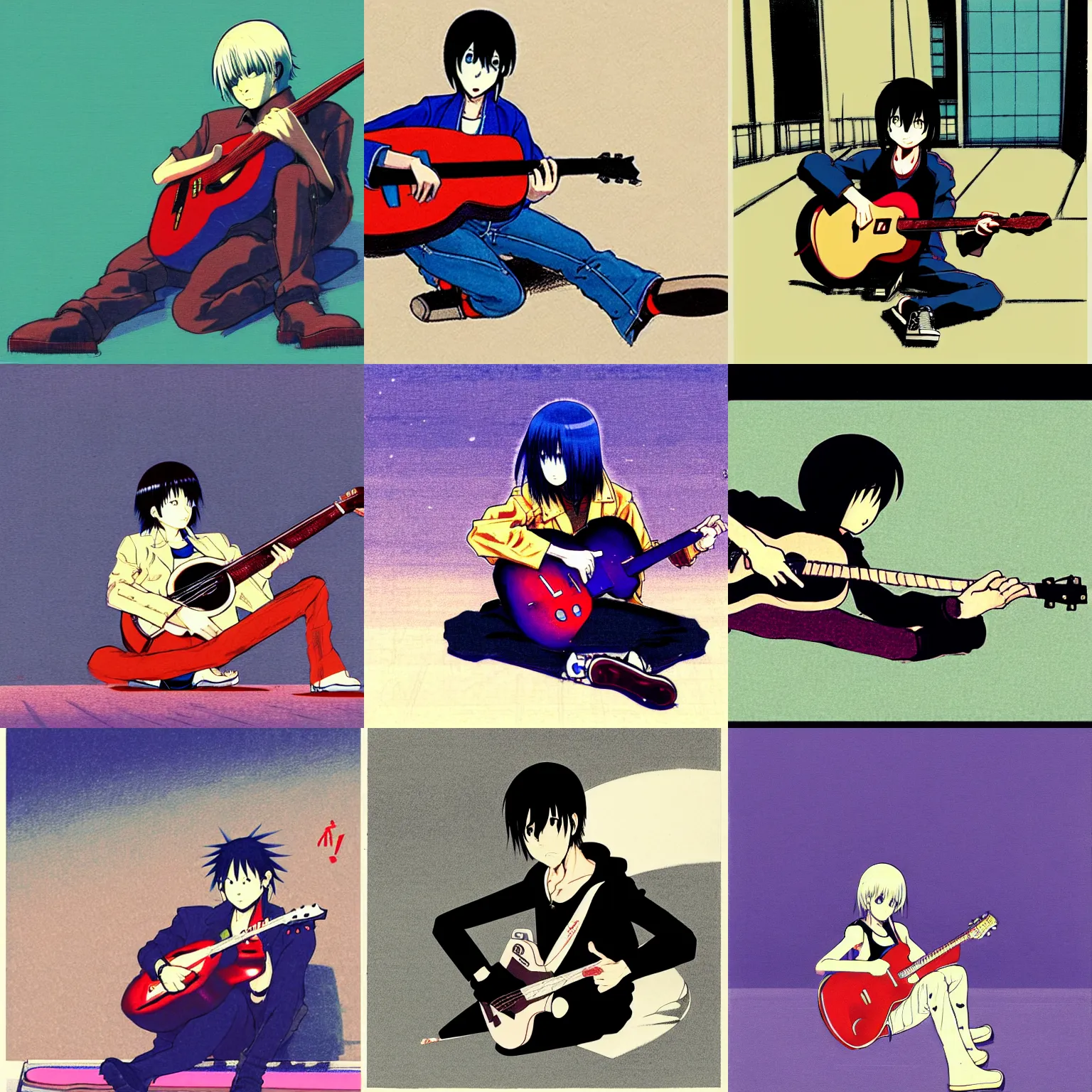 Prompt: a person sitting on the ground with a guitar, concept art by otomo katsuhiro, featured on pixiv, cobra, official art, 2 d, booru