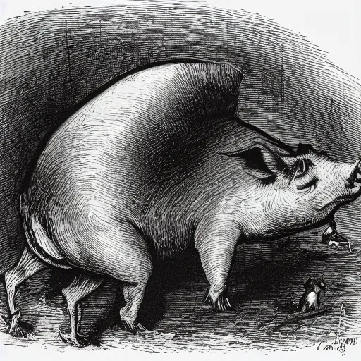 Prompt: Squealer the pig walking on his hind legs, creepy atmosphere, close-up, illustration by Gustave Doré, Animal Farm by George Orwell