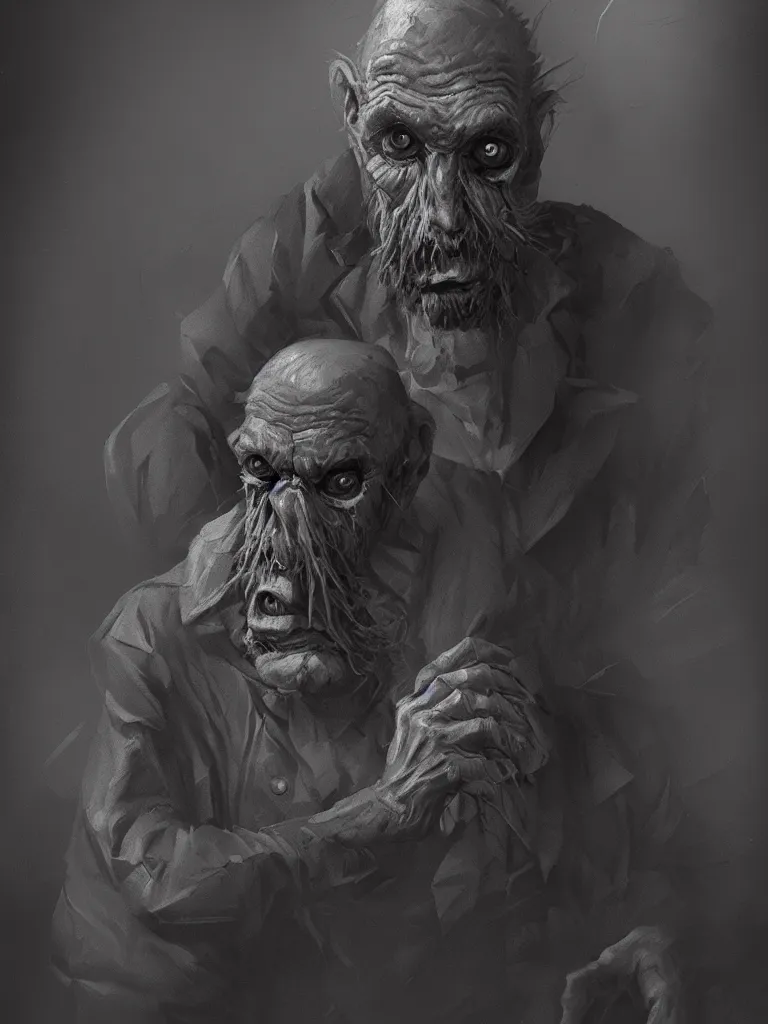 Prompt: creepy mutated old man sitting in a dark factory environment, digital black and white painting by oleg vdovenko, chuvabak, maxim verehin, flash photography, trending on artstation, character painting, digital illustration